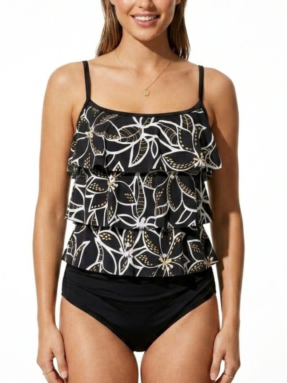 Rose Marie Reid Botanical Tiered Tankini Swimsuit Size 14 Retro Tropical Gold
